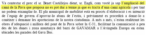 Resposta de l'Equip de Govern de l'Ajuntament de Gavà a la proposta del PPC de Gavà per ampliar el Camí de la Pava de Gavà Mar per fer-hi arribar el transport públic (28 de febrer de 2008)
